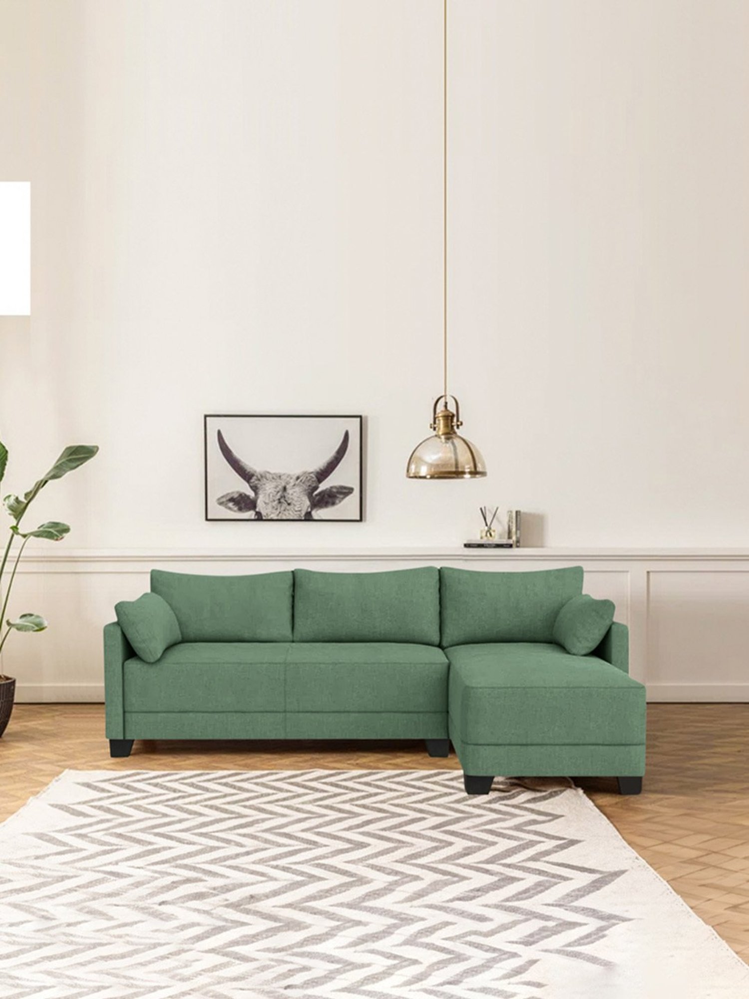 Trevi Duke Green Fabric & Neem Wood 6 Seater RHS Sectional Sofa