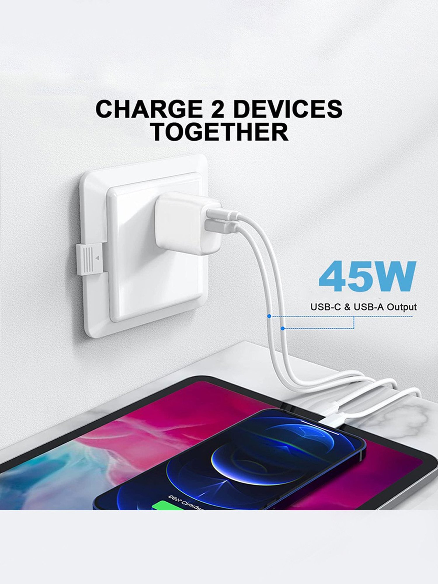 UNIGEN AUDIO 45W USB-C + USB-A Wall Charger for Fast Charging with Dual Port (White)