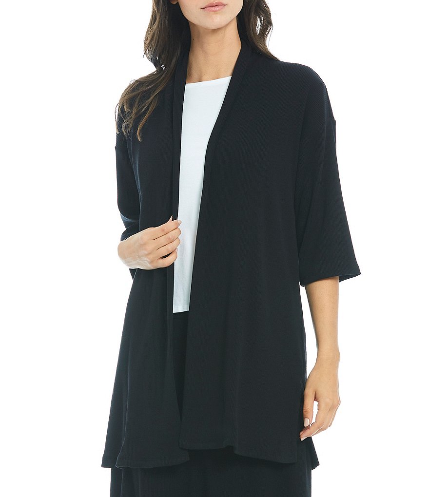 Eileen Fisher Tencel Organic Cotton Rib High Collar Long Jacket
