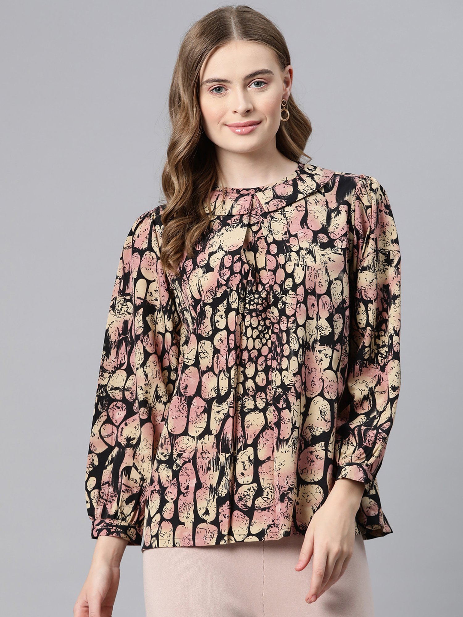 Cottinfab Beige & Black Printed Top