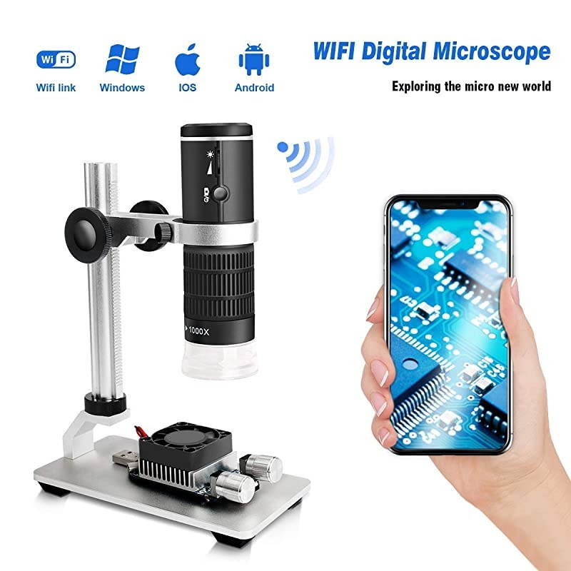 WiFi Digital Microscope for iPhone Android Phone Mac Windows HD 1080P Video Record 501000X Magnification Wireless Portable Microscope with Adjustable Metal Stand and Carrying Bag