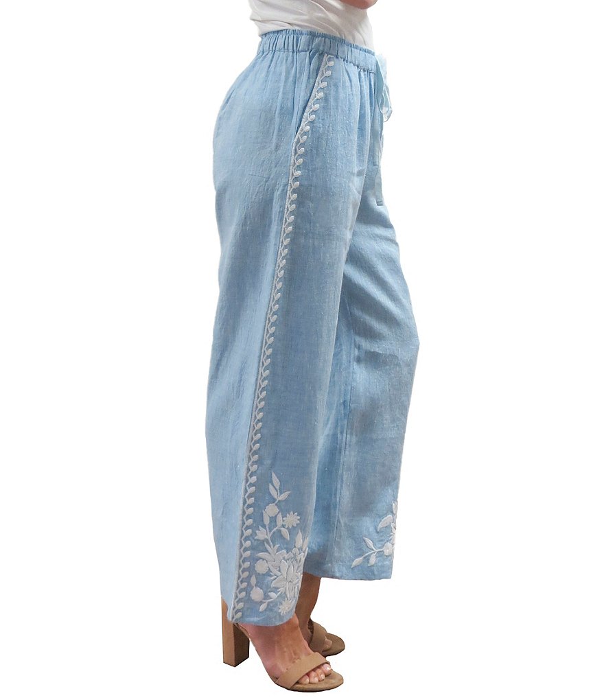 Karyn Seo Jo Drawstring Waist Floral Embroidered Linen Pants
