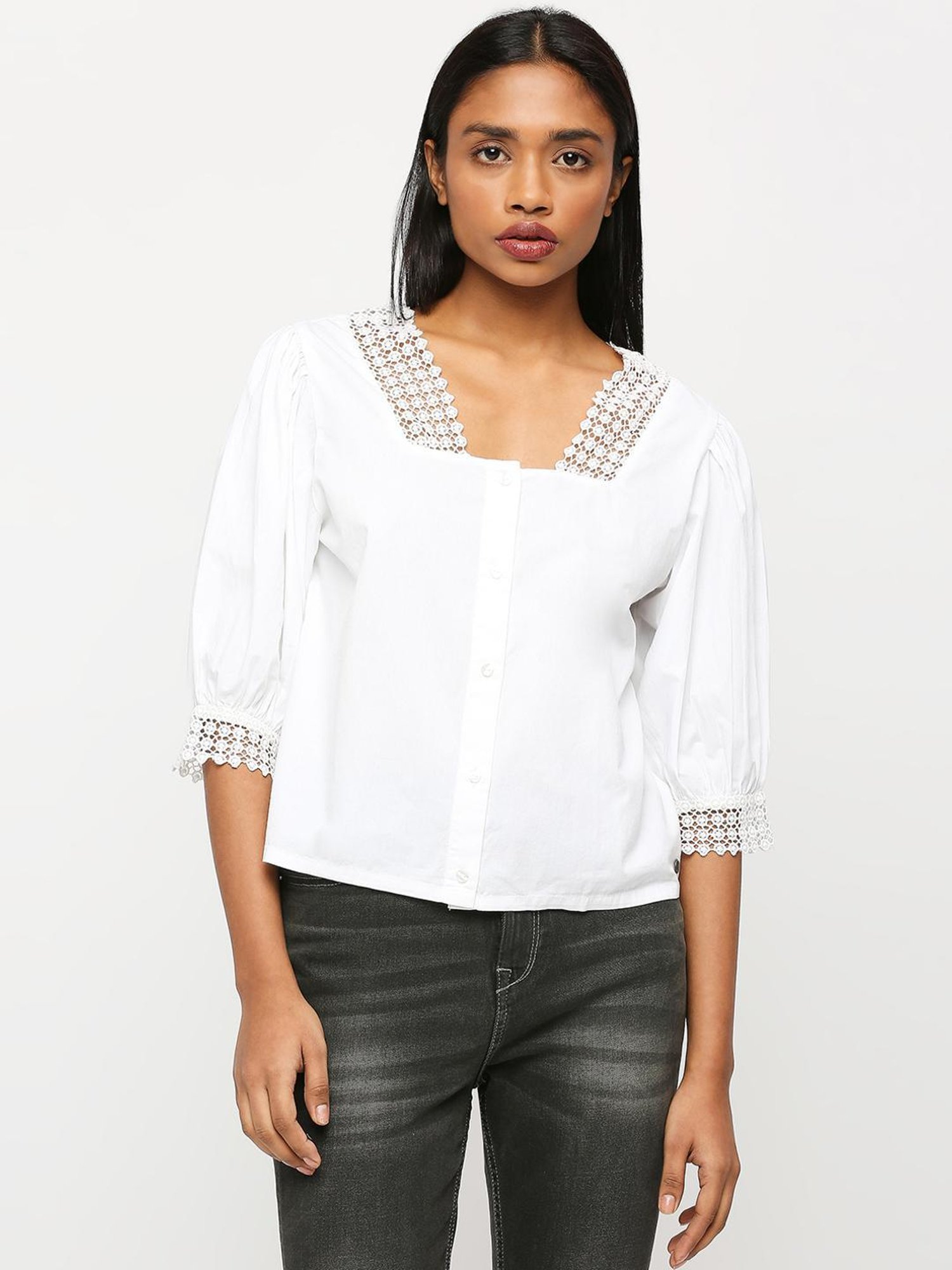Pepe Jeans White Cotton Self Pattern Top