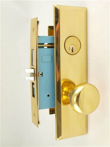 Maxtech (Marks New Yorker 7NY10A/3 Like) 1033BFR Polished Brass Right Hand Heavy Duty Mortise Entry Lockset Screwless Knobs Thru-Bolted, 2-3/4" Lock Set