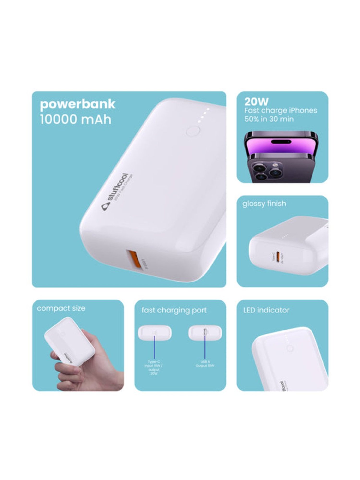 Stuffcool Palm Smallest 10000mAh PD20W Type C Powerbank (White)