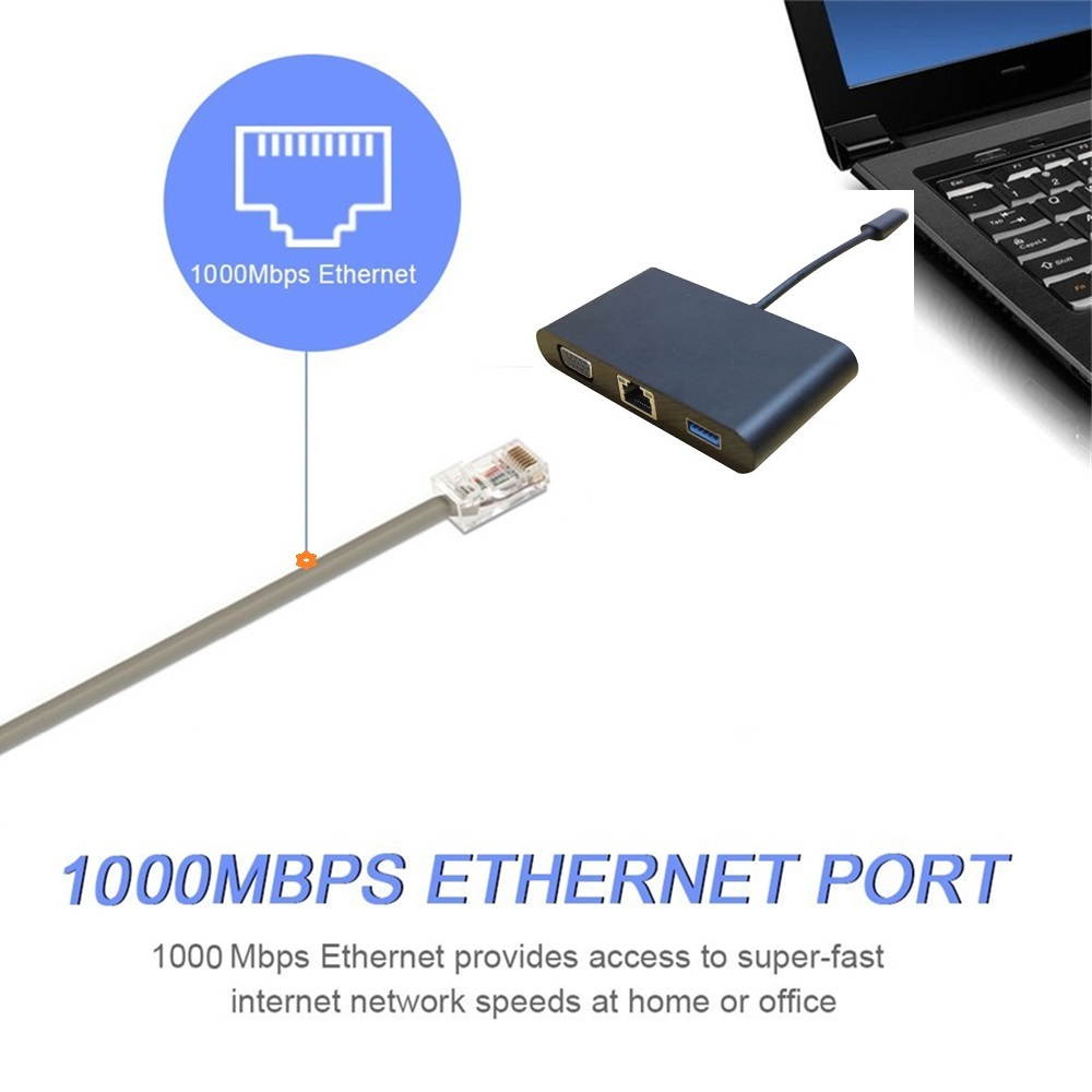 5 in 1 USB C HUB Type-C to VGA + Audio + 1000M LAN + 60W PD + USB3.0 Converter, USB-C HUB, Support 1000Mbps Ethernet, 20V 3A PD Fast Charging and 1080p HD Video Output for New MacBook ChromeBook.