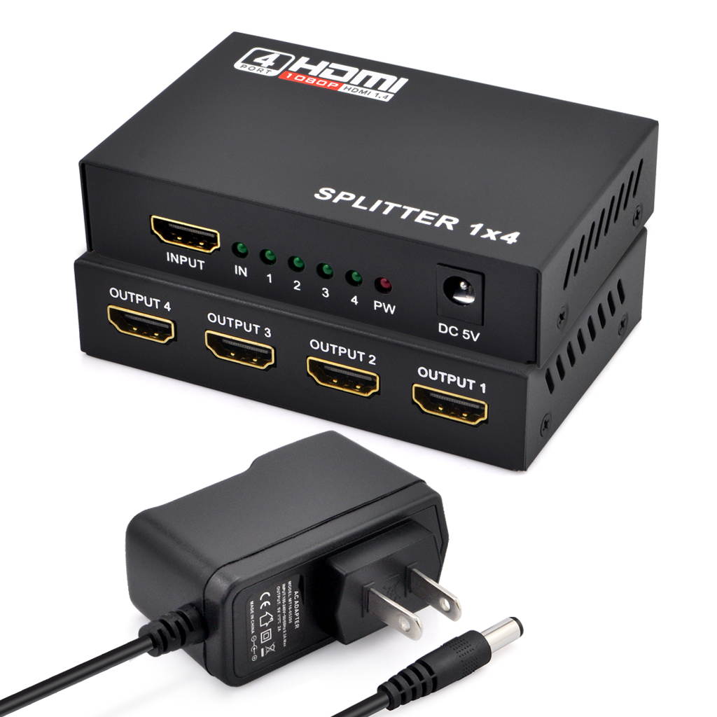 iKKEGOL 4 Port 1 x 4 HDMI Splitter Switch Video HUB Box 1080P HD Amplifier HDTV + Power Adapter