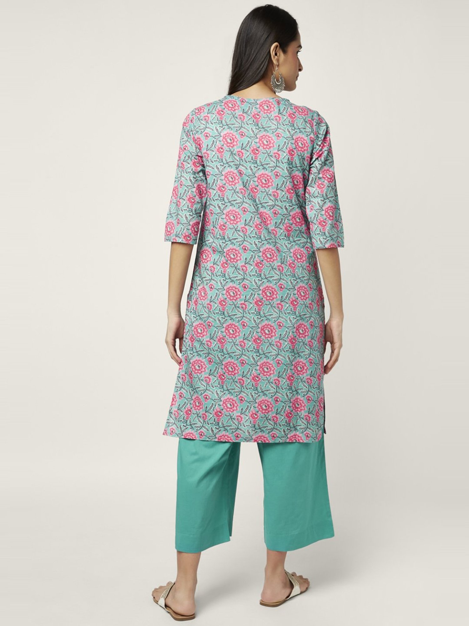 Rangmanch by Pantaloons Turquoise Cotton Floral Print Kurta Palazzo Set