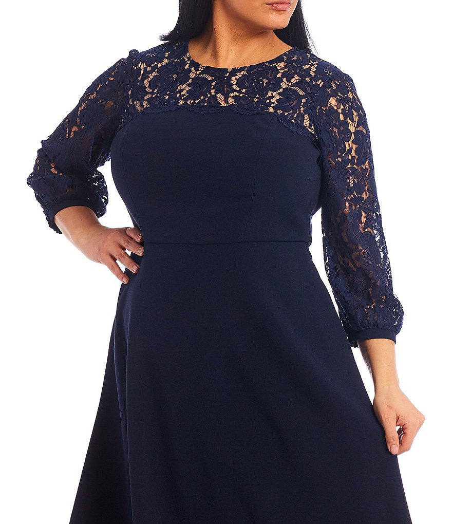 Eliza J Plus Size Long Sleeve Jewel Neck Lace Midi Dress