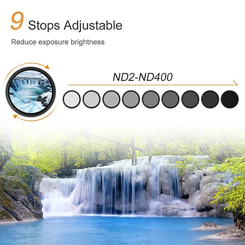 72mm ND Fader Variable Neutral Density Adjustable ND Filter ND2 to ND400 for Canon 7D 60D 70D 500D for Nikon D7000 D600 D300 D800 D7100 for Sony A77 NEX 5 DSLR Cameras + Lens Cleaning Cloth