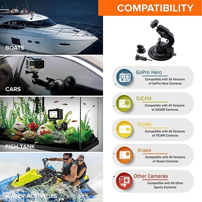 Car Suction Cup Mount for GoPro Hero 8 7 6 5 4 3 3+ 2 Session Black Silver XIAOYI 4K SJCAM Xiaomi Yi EKEN Sports Action Camera Dash Cam Holder Perfect for Boats Vehicle Windshield amp Window