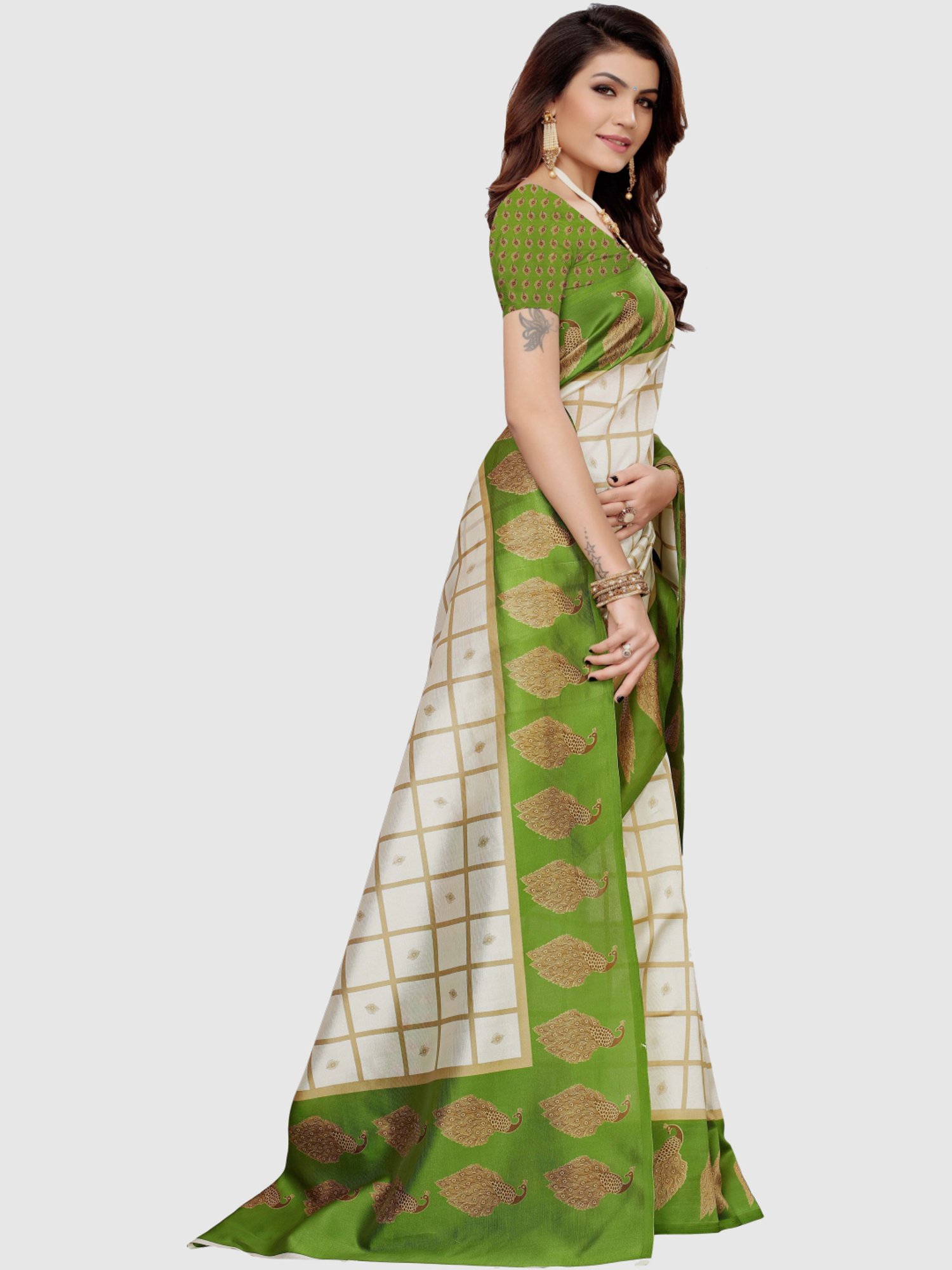 KSUT Off-White & Green Printed Saree With Blouse