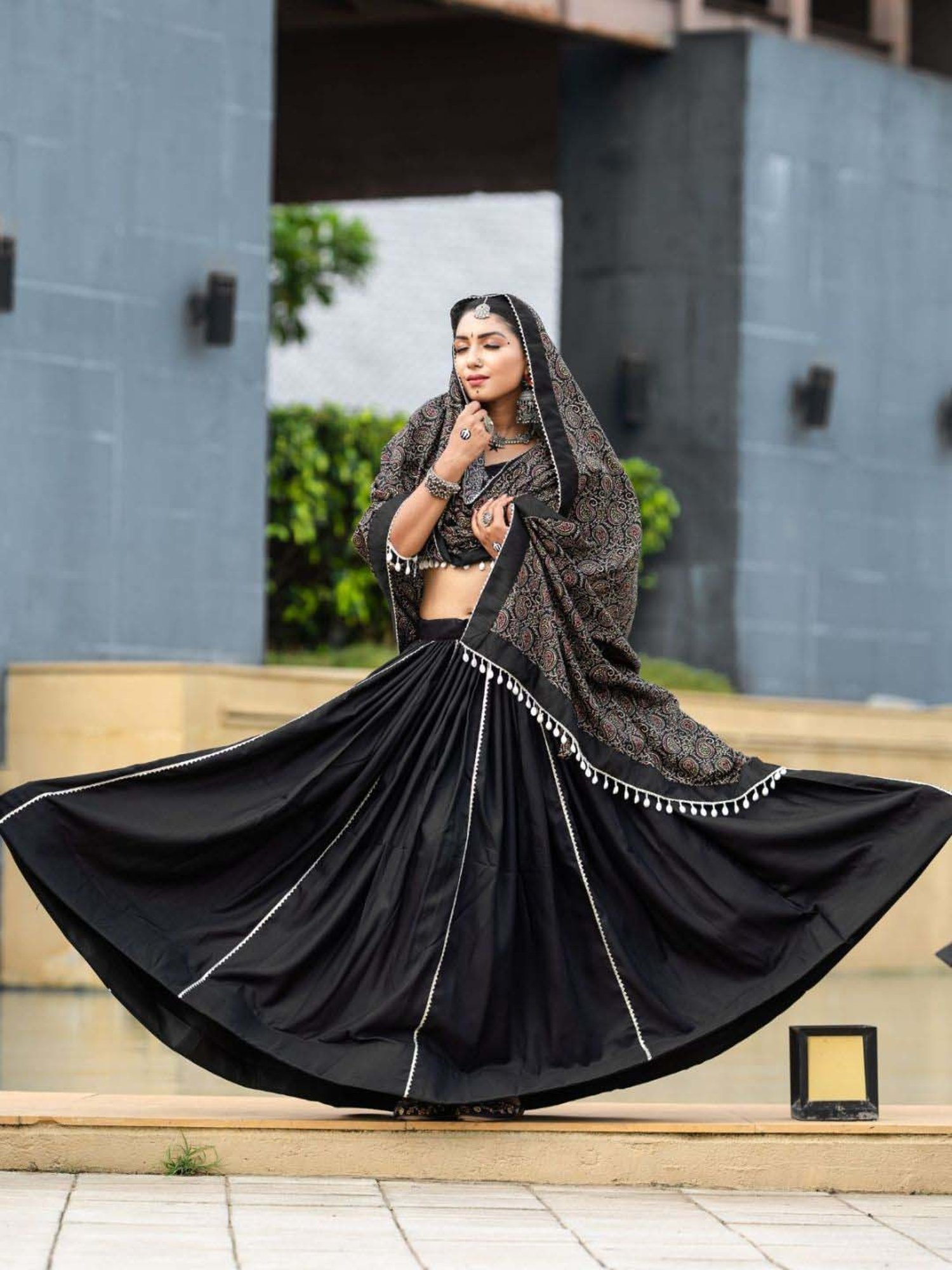 Odette Black Cotton Printed Lehenga Choli Set With Dupatta