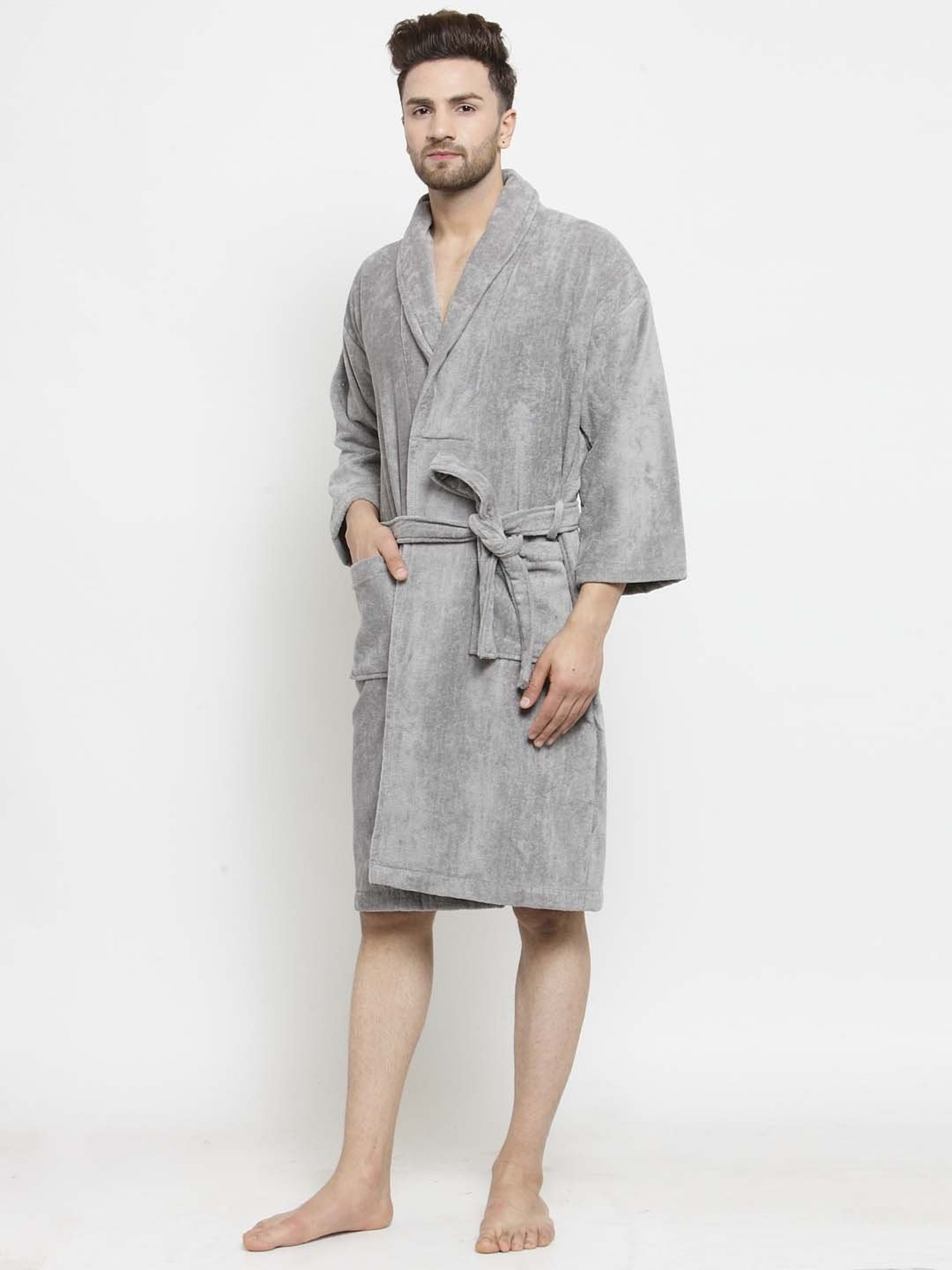 Trident Cloud Grey Cotton 350 GSM Bathrobe for Men (Medium)