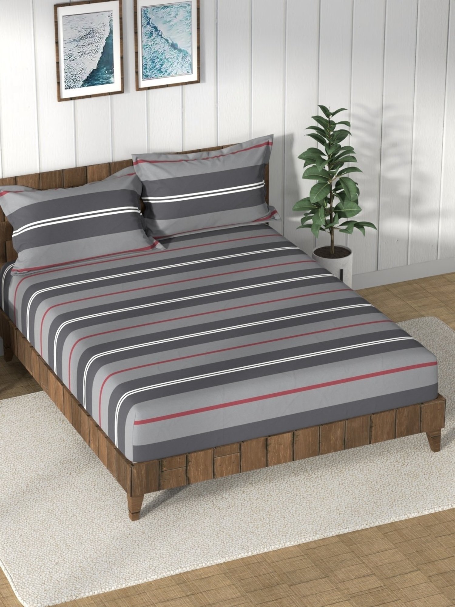 Nautica Bristol Stripes Grey 150 TC King Bedsheet with 2 Pillow Covers