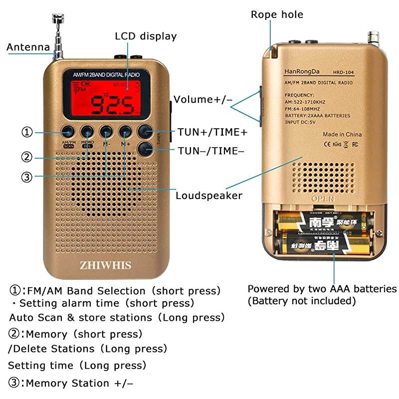 Mini LCD AM FM Battery Operated Portable Pocket Radio with Built-in Speaker and 3.5mm Headphone Jack, Powered by 2AAA Battery Digital Alarm for Walking,Travel
