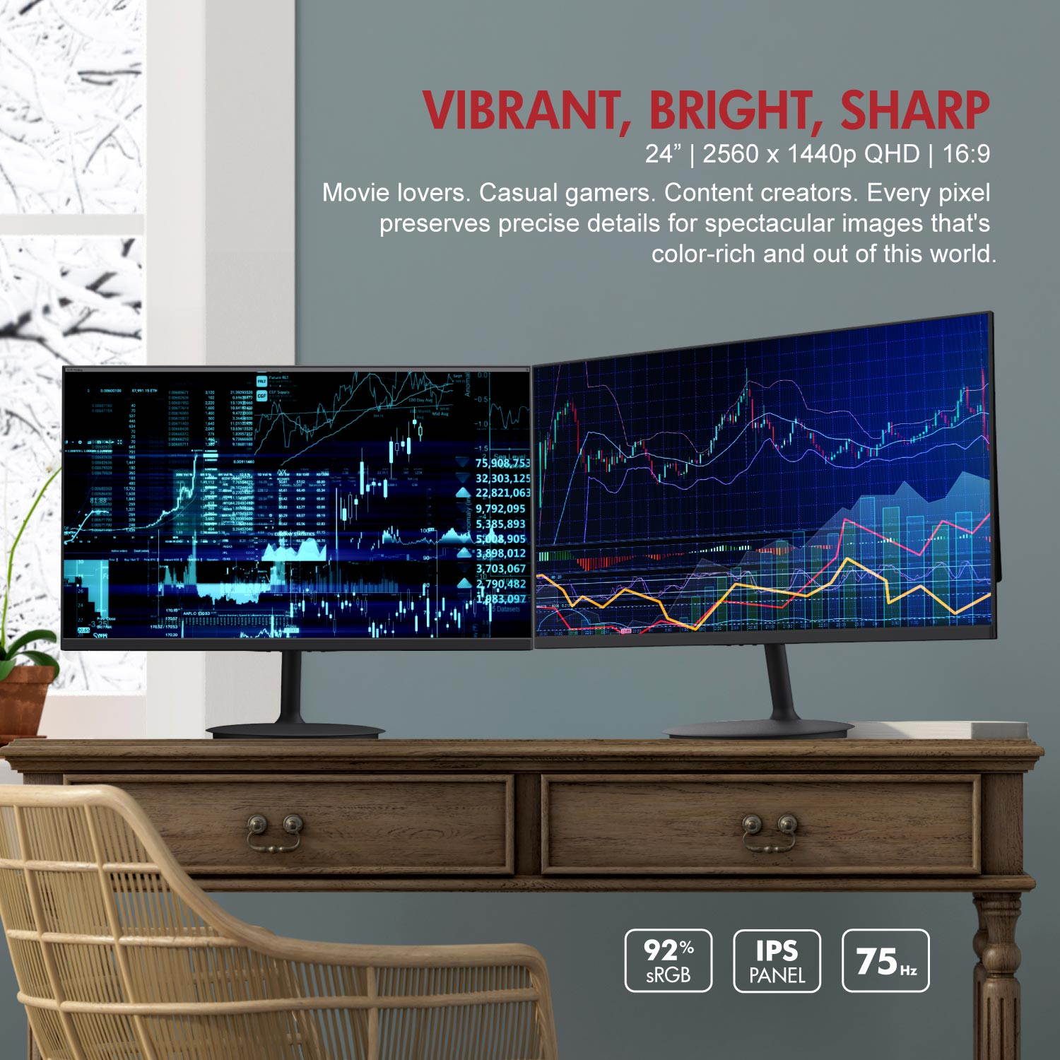 VIOTEK FI24D 24-Inch IPS QHD Gaming Monitor  75Hz 1440p 6ms (OD)  FreeSync GamePlus  HDMI DP 3.5mm  3-Year Warranty