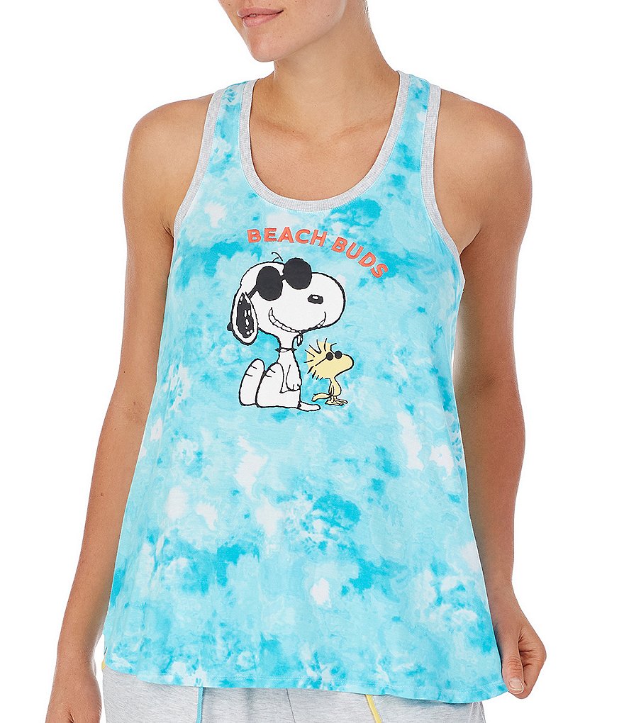 Peanuts Tie-Dye Print Joe Cool & Woodstock #double;Beach Buds#double; Screen Print Jersey Knit Sleep Tank