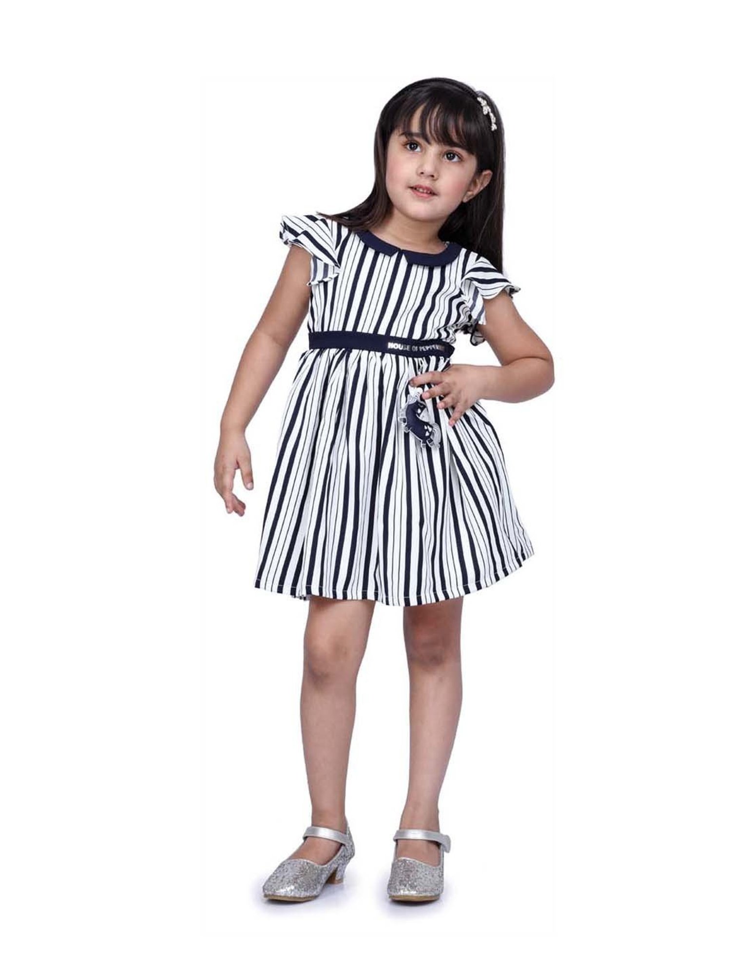 Peppermint Kids White & Navy Striped Dress