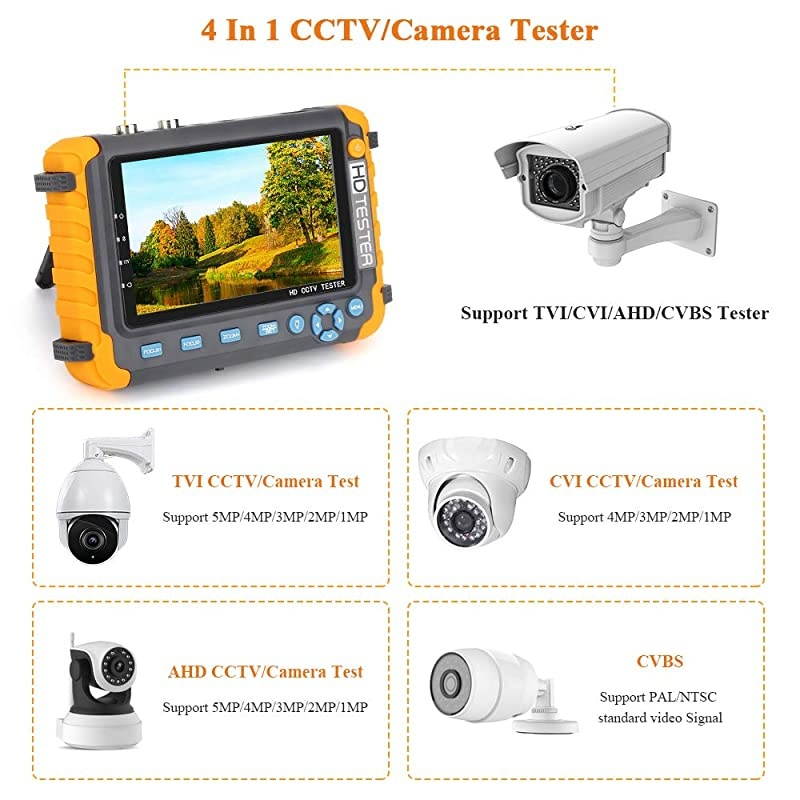 Upgrade Version] 5 Inch CCTV Camera Tester,  4 in 1 AHD TVI CVI Coaxial HD Video Monitor Tester ,Support Analog Video Test ,UTP Cable Test ,VGA/HDMI Input ,DC12V Output Camera Tester