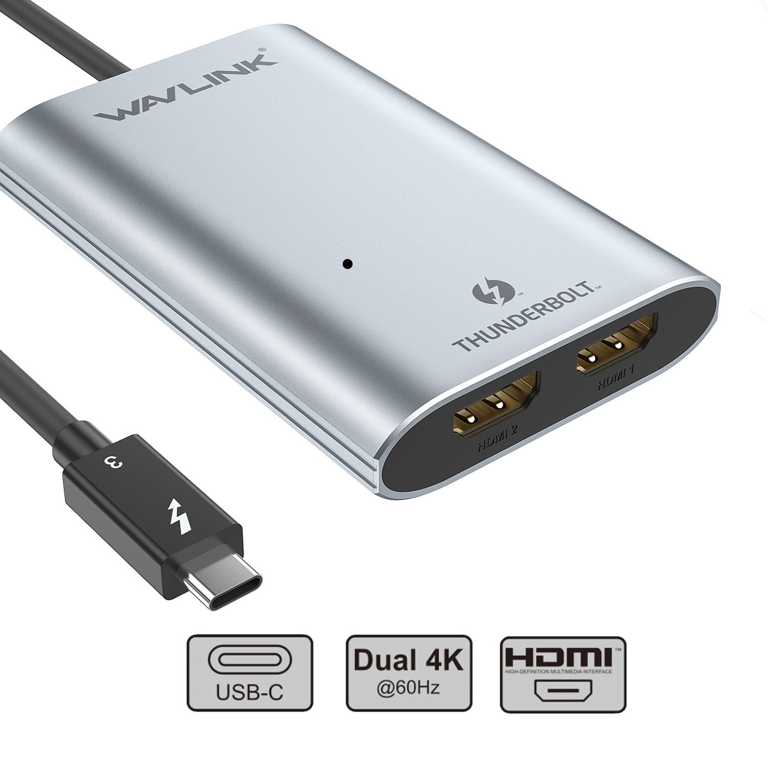Wavlink Type-C Thunderbolt 3 to Dual HDMI Display Adapter,  Aluminum Adapter Supports Dual HDMI(2.0) displays Up to 4K@60Hz Thunderbolt&trade; 3 systems from Apple, Dell, HP, Lenovo meet this requirement