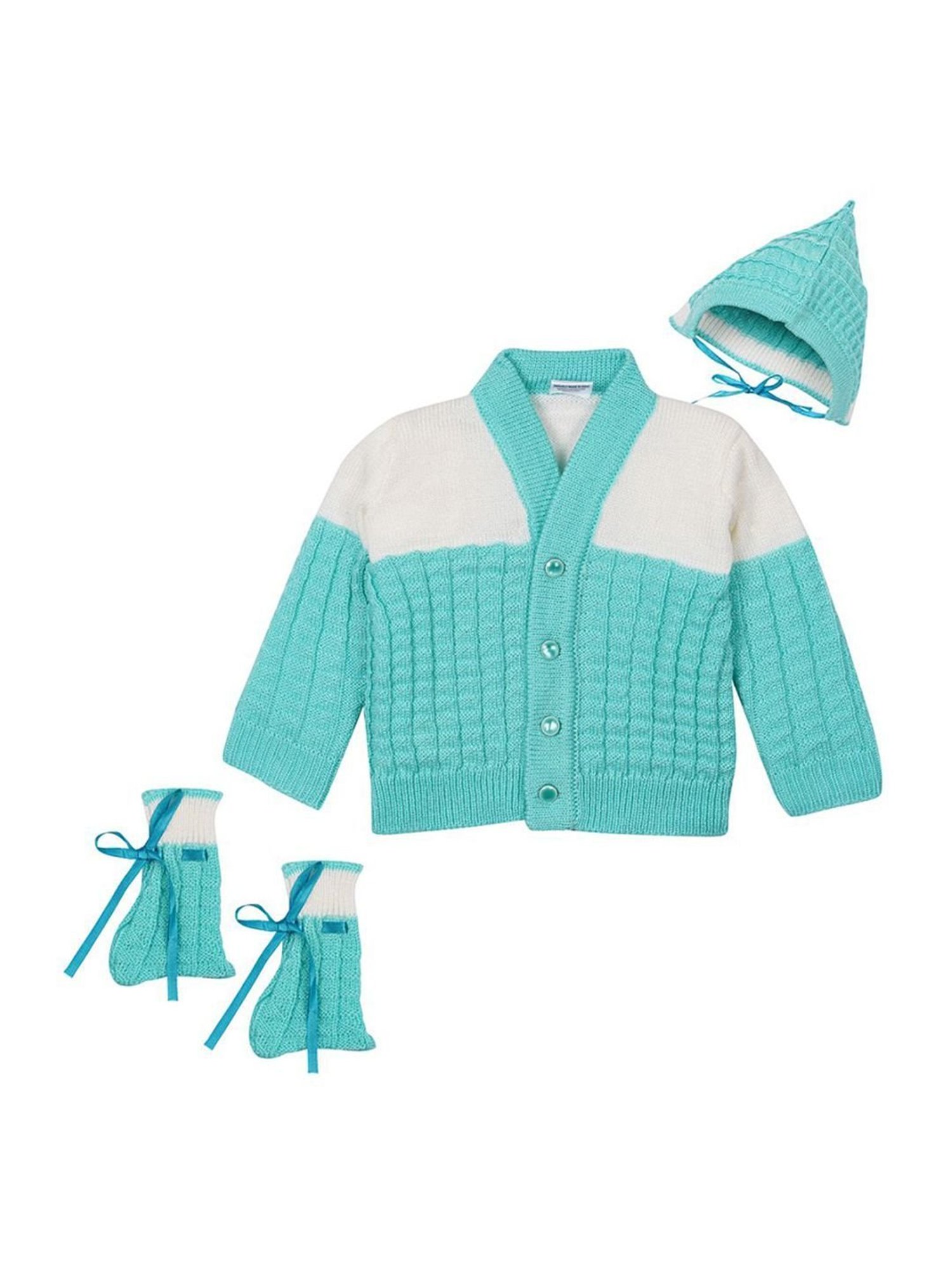 Little Angels Kids Green & White Textured Pattern Full Sleeves Sweater Set
