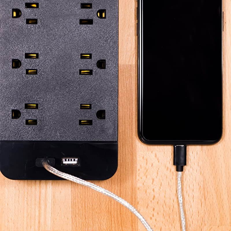 Black Strip Sur Protector Charr 10 Outlets 2 USB Ports Fast Char Flat Plug Long Power Cord 4 Feet Wall Mount Warranty 37746 4 ft