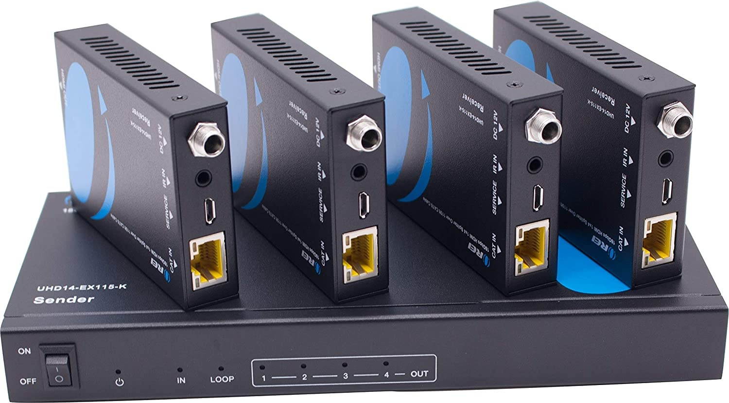 1x4 HDMI Extender Splitter 4K by Orei Multiple Over Single Cable CAT6/7 4K@60Hz 4:4:4 HDCP 2.2 with IR Remote EDID Management - Up to 115 Ft - Loop Out - Low Latency - Full Support (UHD14-EX115-K)