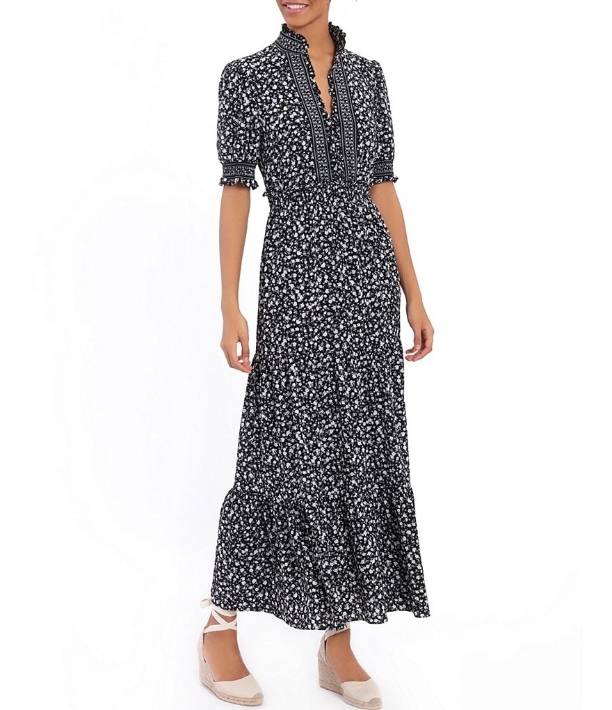 London Times Ruffle Neck Smocked Puff Sleeve Crepe Tiered Maxi Dress