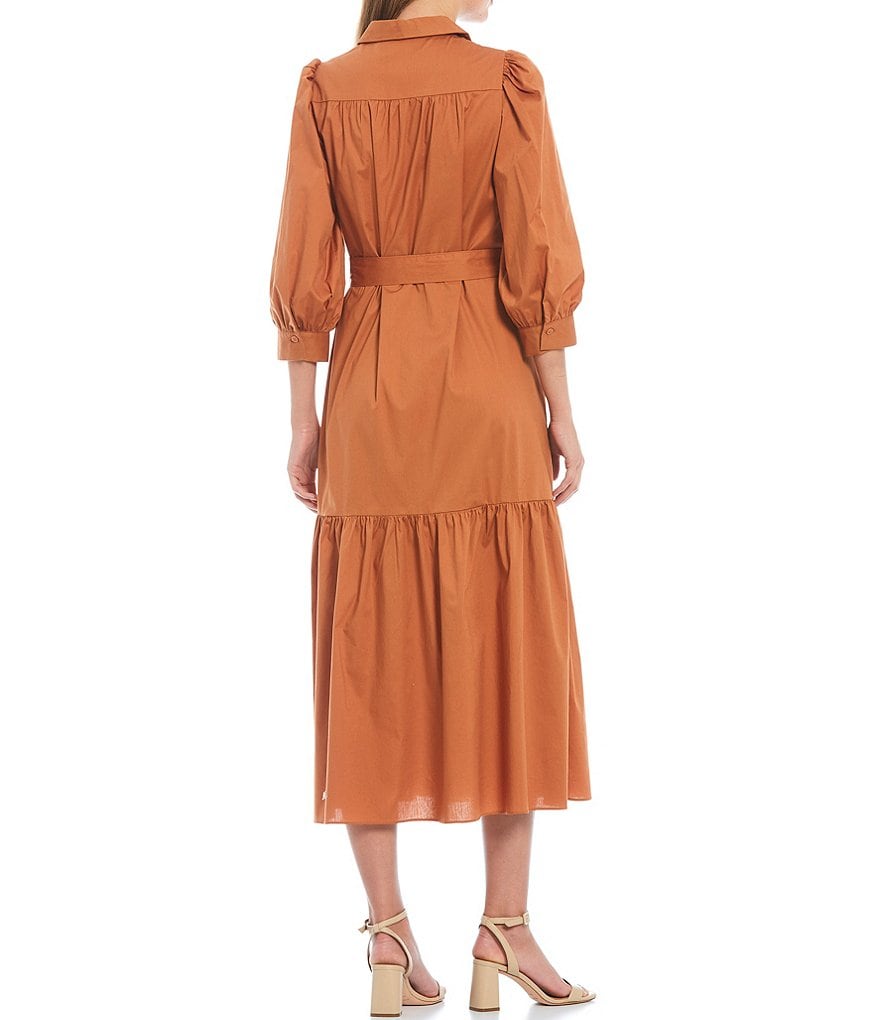 Donna Morgan Cotton Ruffle Hem 3/4 Sleeve Shirt Dress