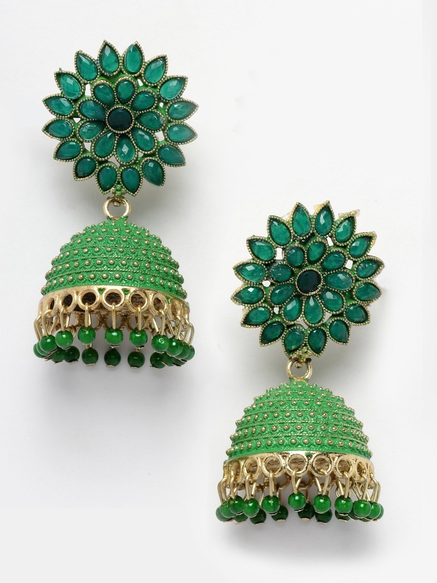 Moedbuille Handcrafted Meenakari Work Crystal Studded Floral Oxidized Gold-Plated Jhumki Earrings