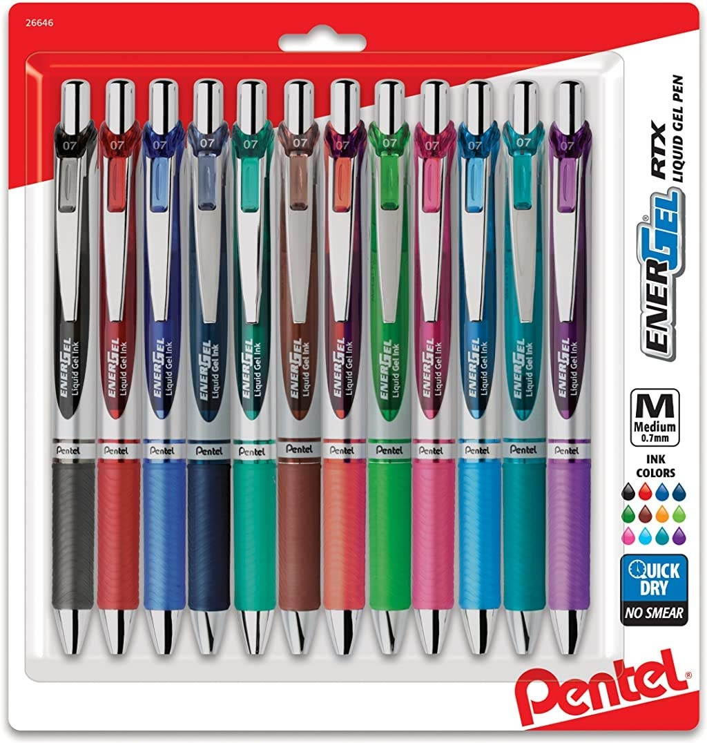 pentel energel rtx retractable liquid gel pen, 0.7mm medium line, assorted ink,12pk bl77bp12m