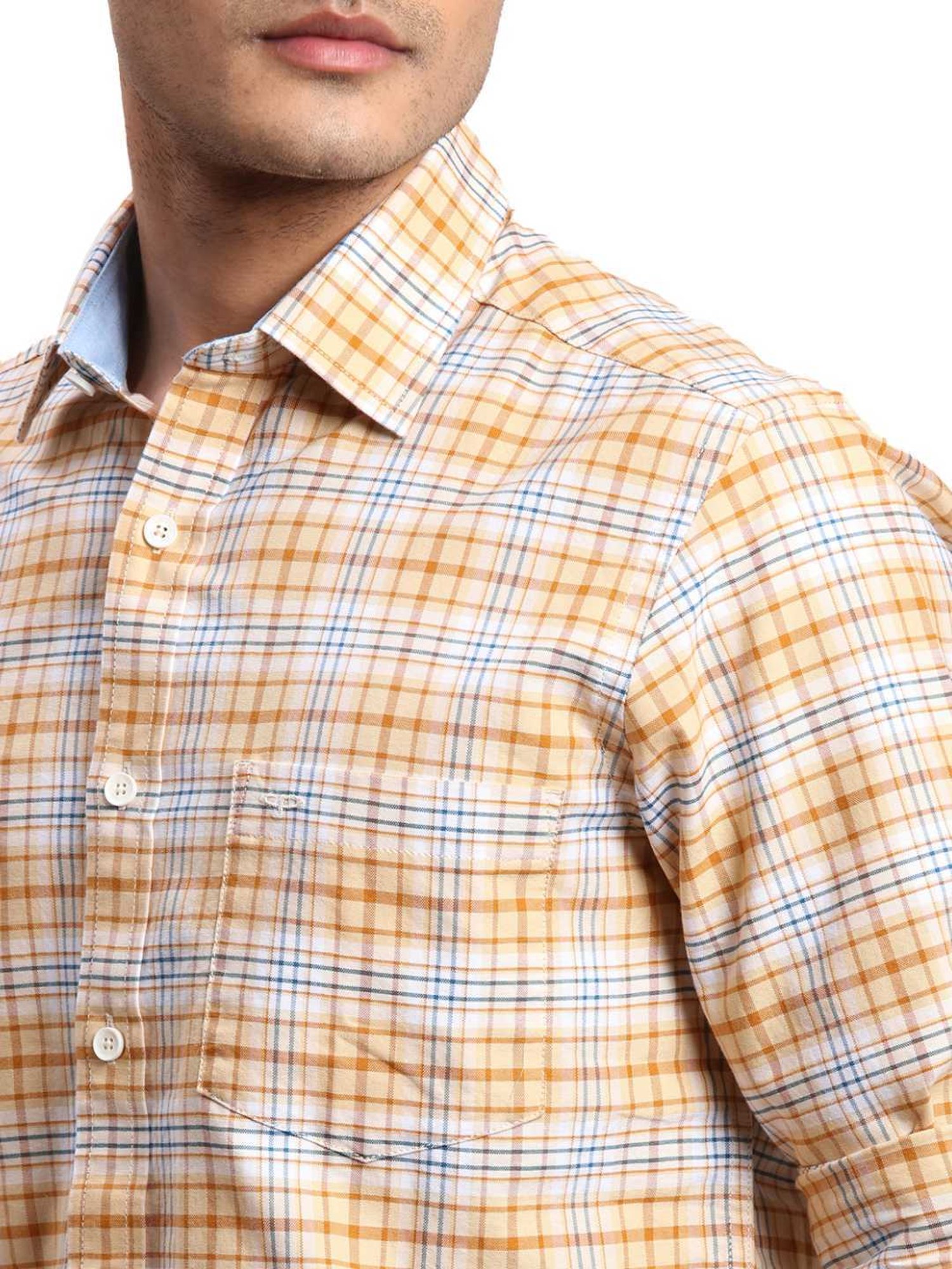 ColorPlus Yellow Cotton Regular Fit Checks Shirt