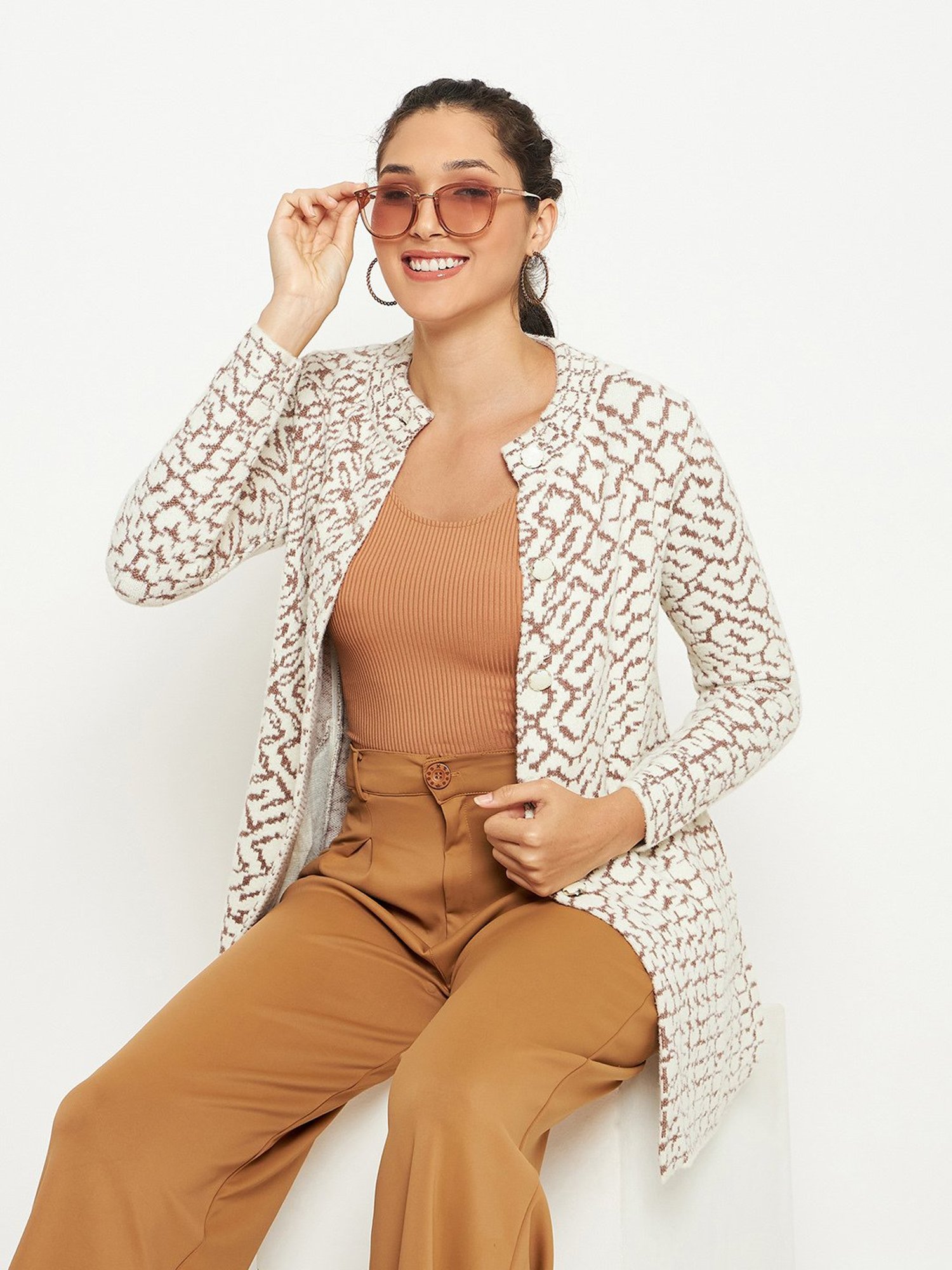 Duke Off White & Brown Printed Cardigan