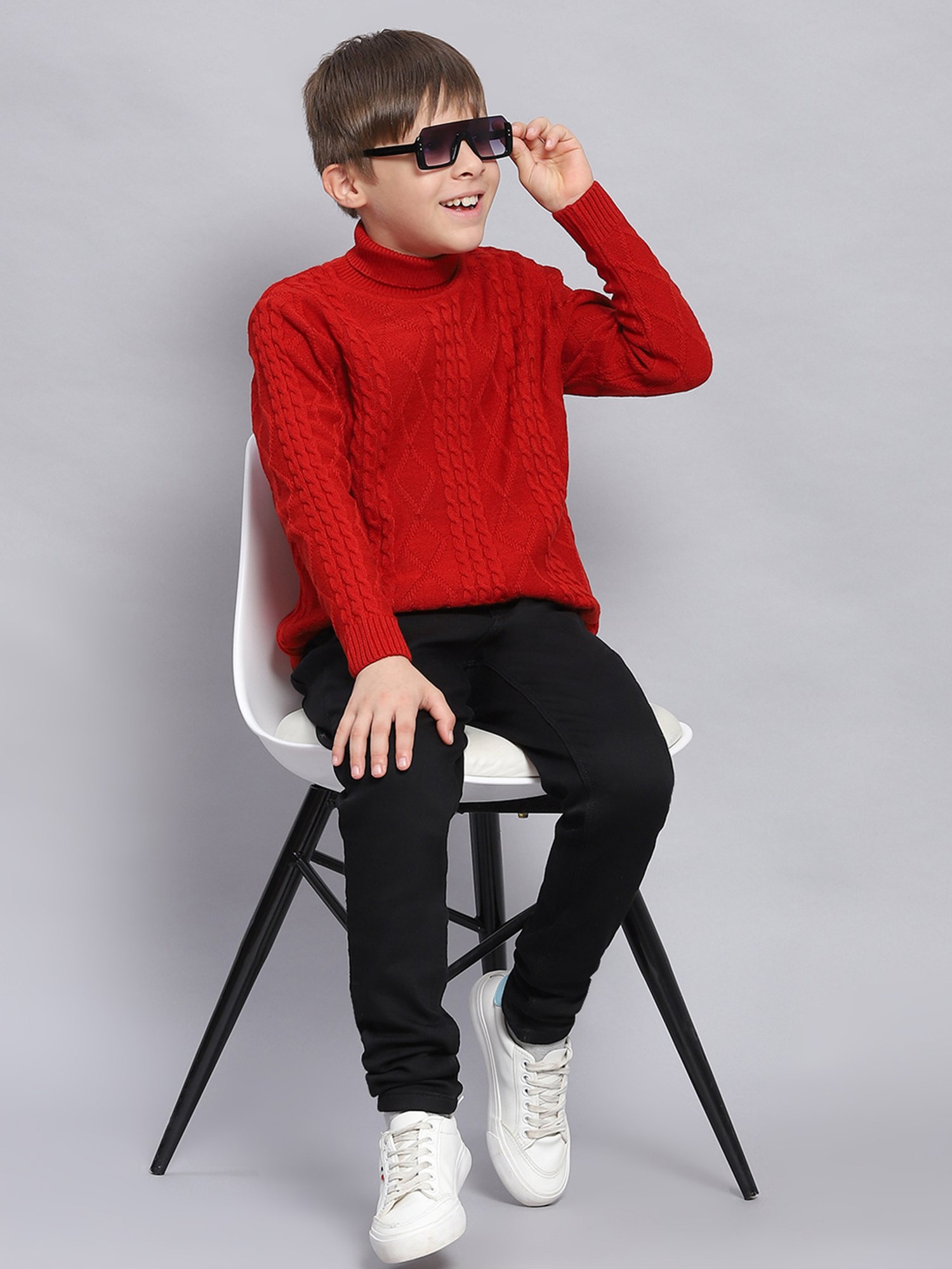 Monte Carlo Kids Red Self Design Full Sleeves Sweater