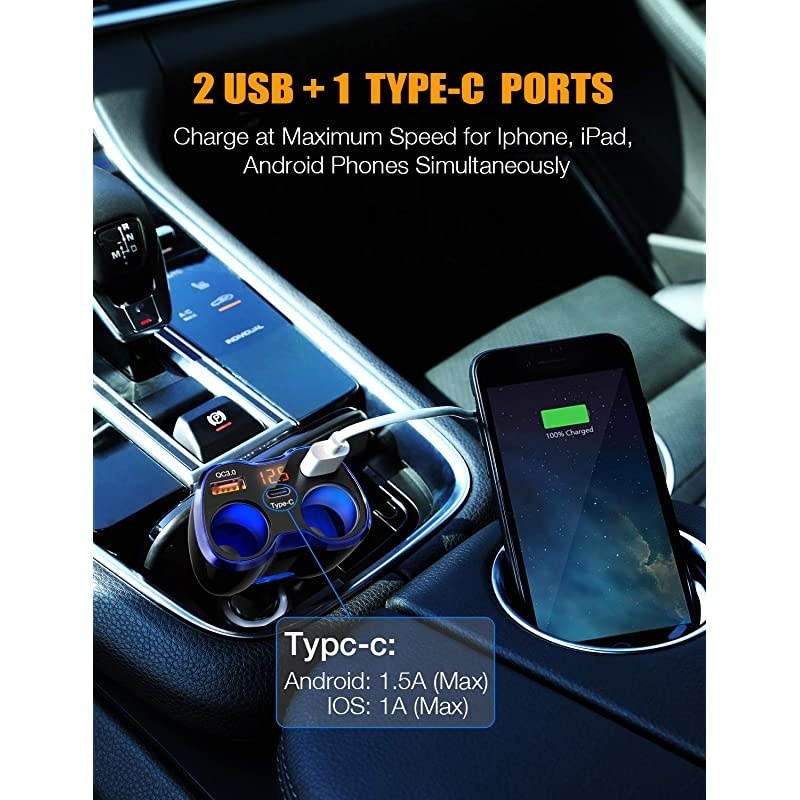 Car Charger  150W 2Socket Cigarette Lighter Splitter QC 30 Dual USB Ports 1 USB C Fast Car Adapter with Separate Switch LED Voltmeter Replaceable 15A Fuse Compatible GPSDash CamiPhone11iPad
