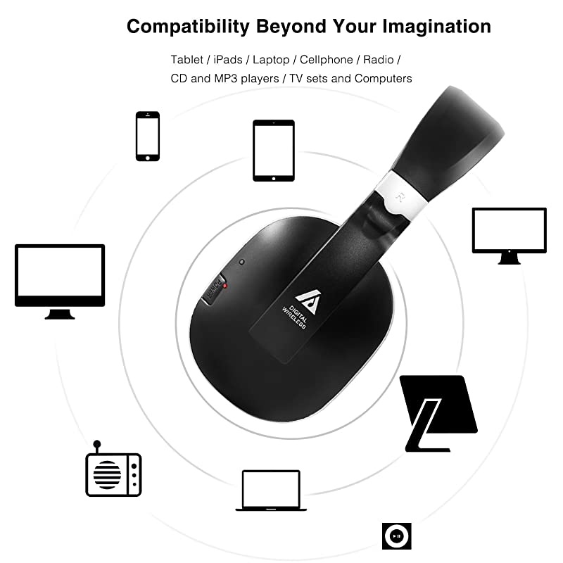 Wireless TV Headphones Over Ear Headsets - Digital Stereo Headsets with 2.4GHz RF Transmitter, Charging Dock, 100ft Wireless Range and Rechargeable 20 Hour Battery, Black