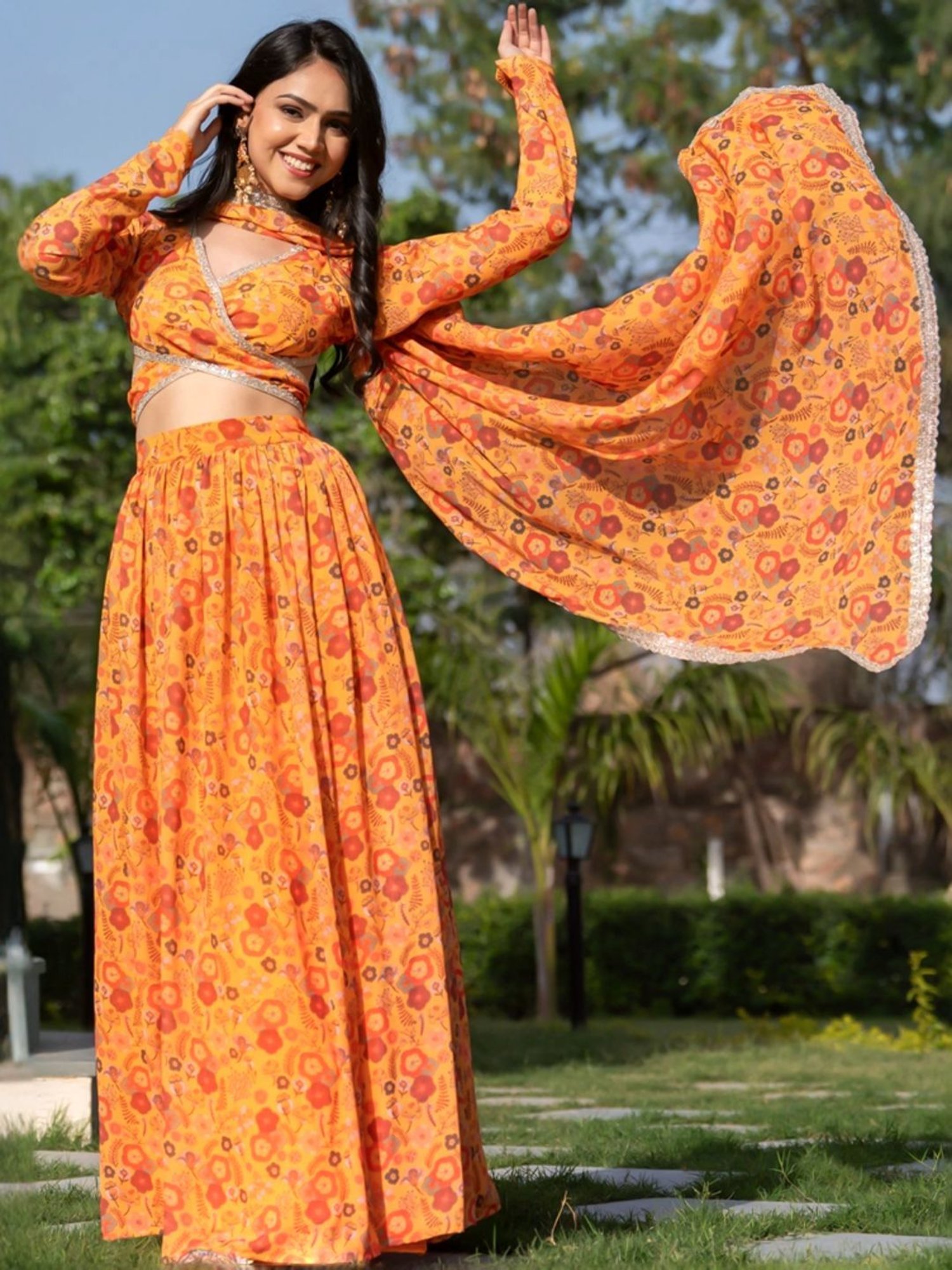 HOUSE OF JAMOTI Mustard Printed Lehenga Choli Set With Dupatta