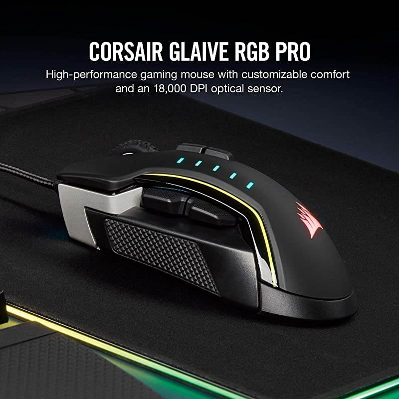 Glaive PRO RGB, Optical Gaming Mouse (18,000 DPI Optical Sensor, Interchangeable Grips, 3-Zone RGB Multi-Colour Backlighting, 7 Programmable Buttons), Aluminum