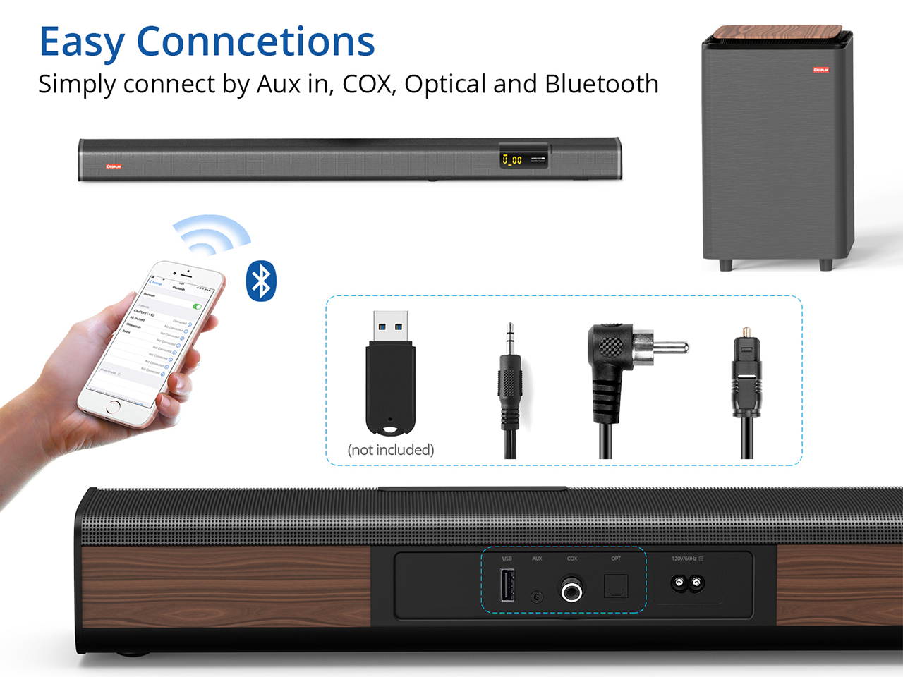 iDeaPlay Live2  2.1 Channel Home Theater TV Soundbar Bluetooth Sound Bar with Wireless Subwoofer 120W RMS