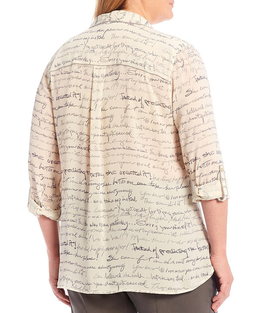 Multiples Plus Size Crinkle Yoryu Handwriting Print Point Collar Neck Roll-Tab Sleeve Button-Down Shirt