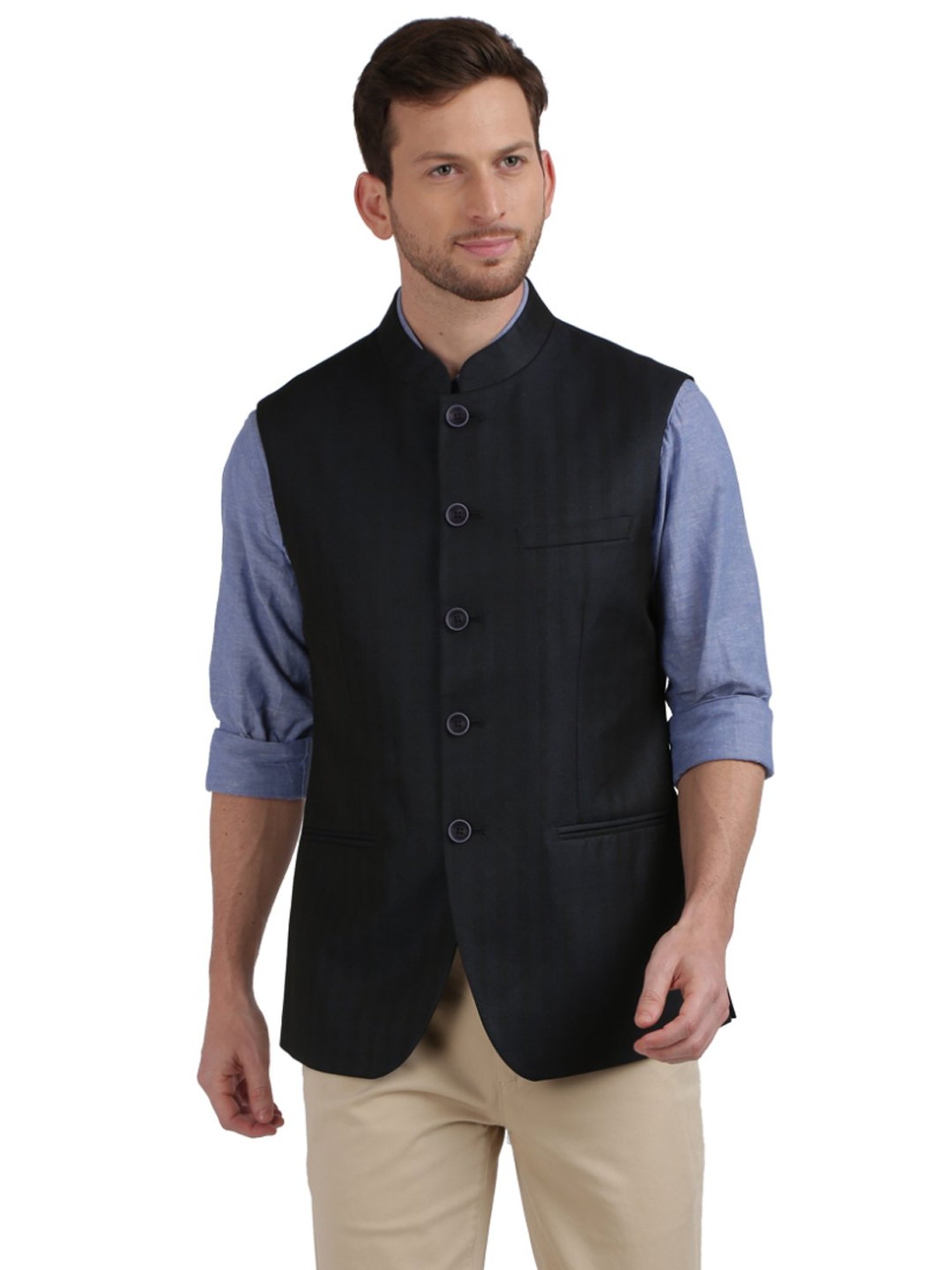 Colorplus Blue Tailored Fit Checks Nehru Jacket