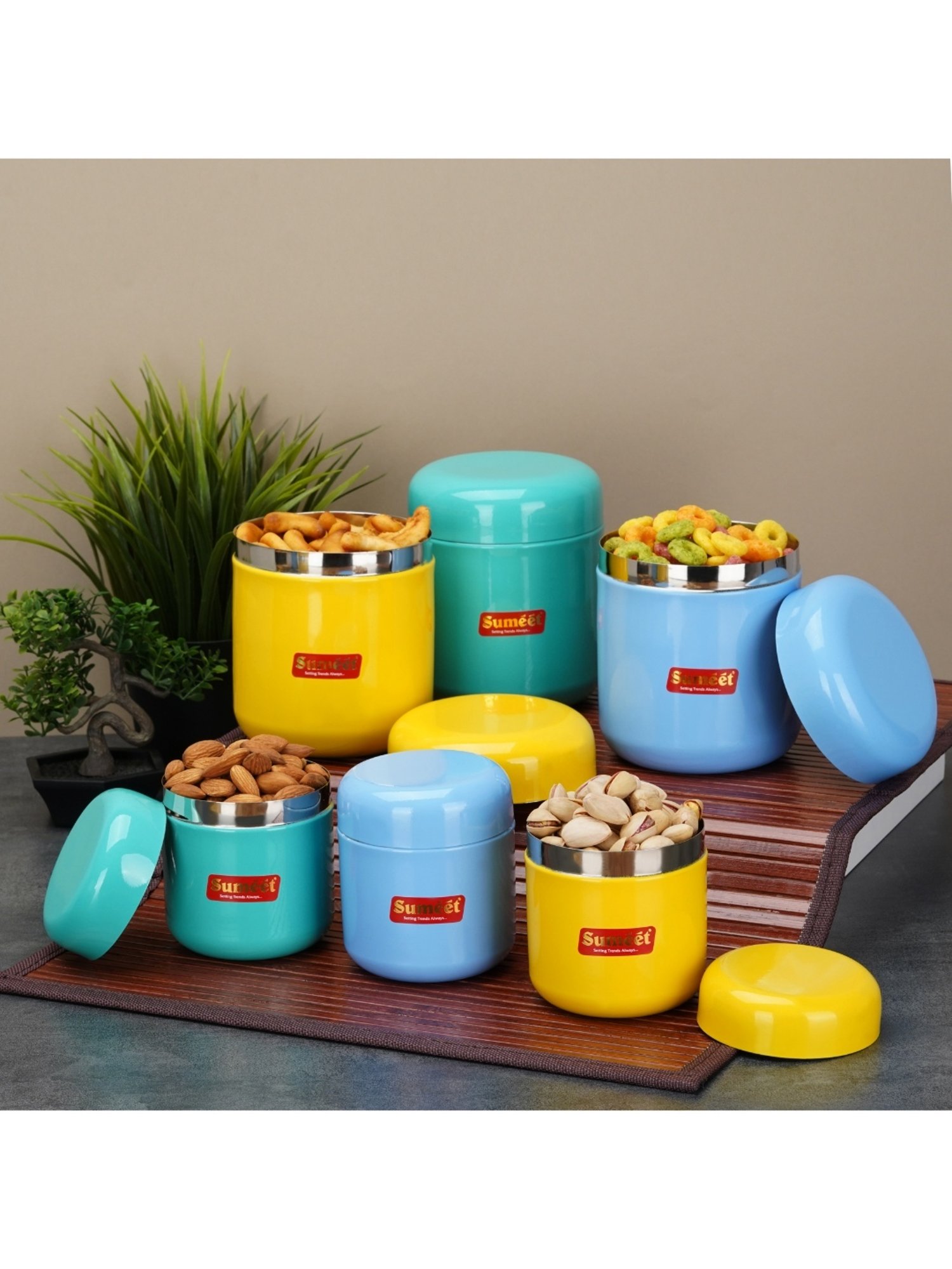 Sumeet S.S.Multi Color Small Jars/Storage Containers set of 6Pc,(3pc-350ml,7.5cm + 3pc-750ml, 9cm)