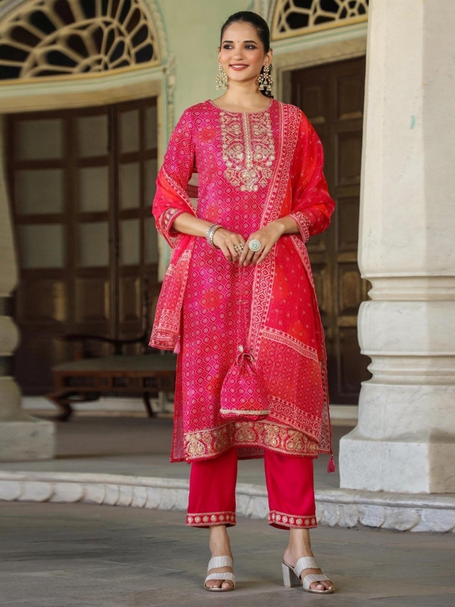 Scakhi Pink German Rayon Bandhani Print Kurta with Palazzo and Dupatta With Potli