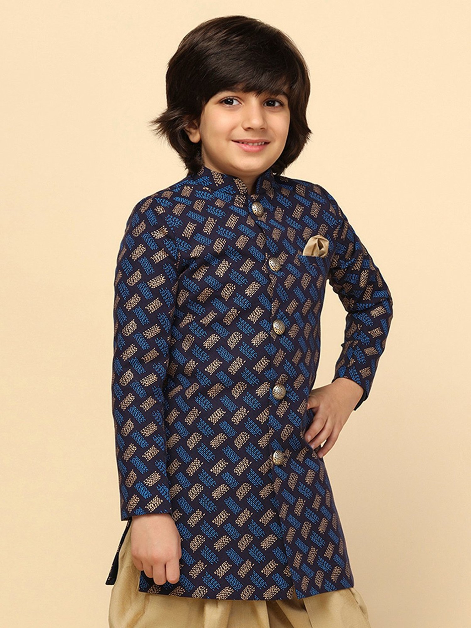 KISAH Boys Blue Printed Full Sleeves Sherwani