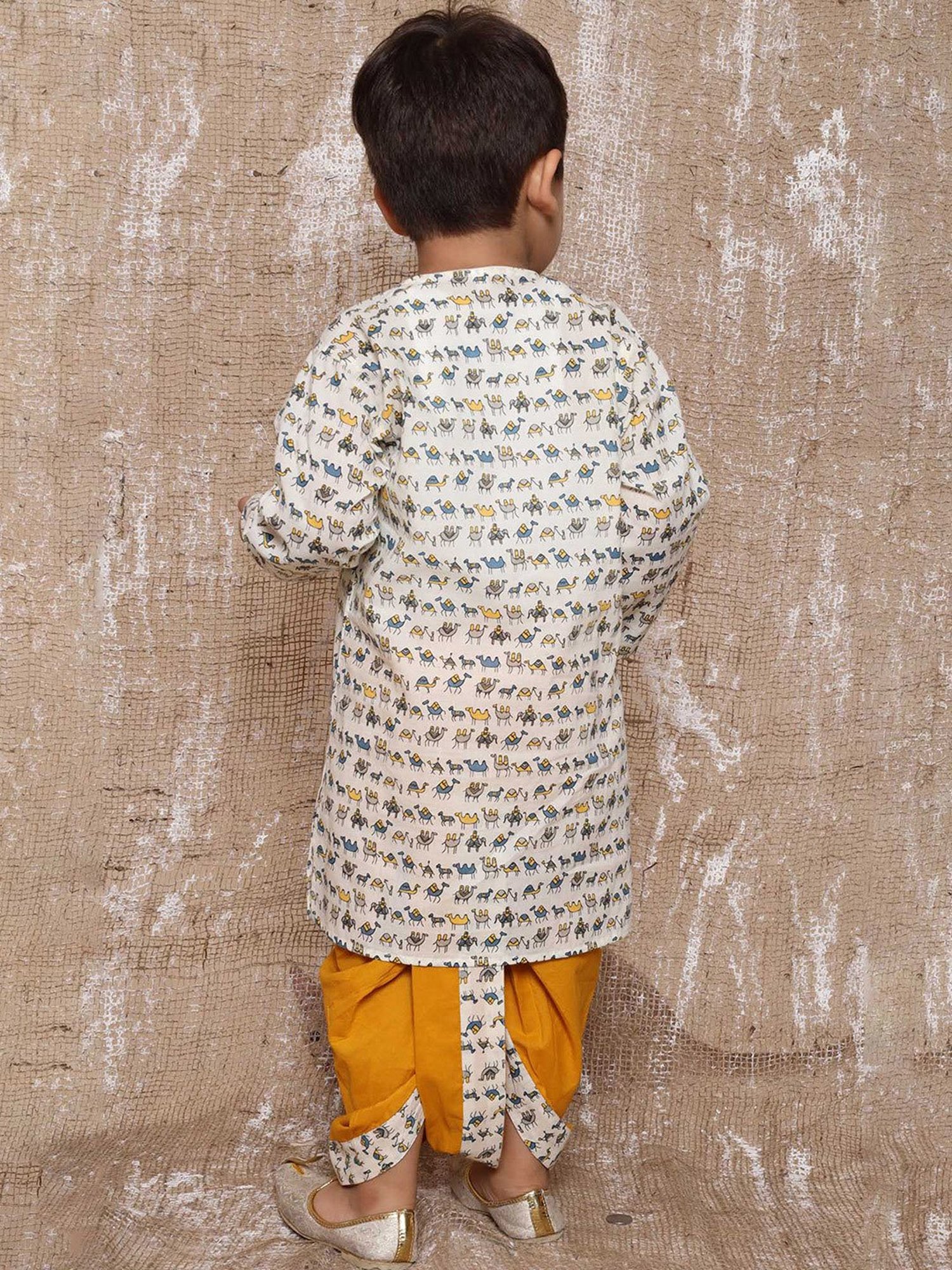AJ Dezines Kids White & Yellow Printed Full Sleeves Kurta with Dhoti