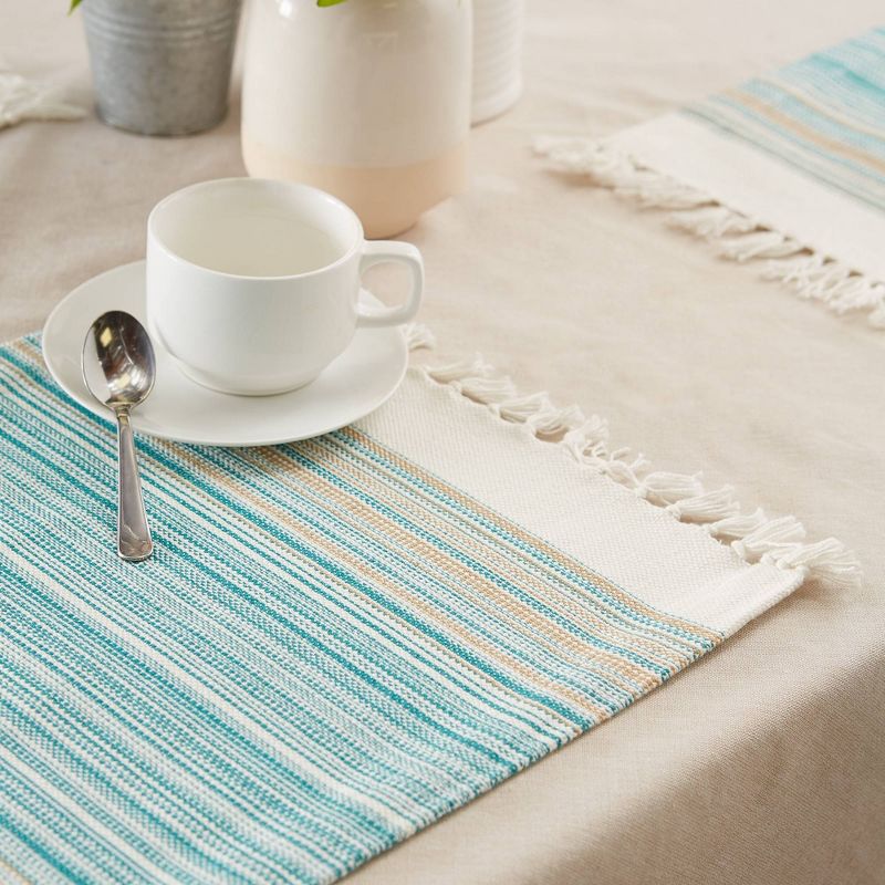 6pk Cotton Striped Placemats with Fringe Blue - Design Imports