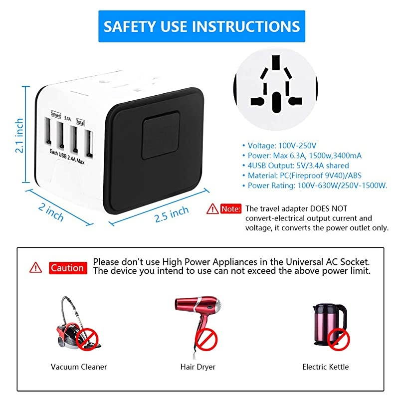 Travel Adapter Universal Power Adapter Worldwide All in One 4 USB with Electrical Plug Perfect for European US, EU, UK, AU 160 Countries (White) &iexcl;&shy;