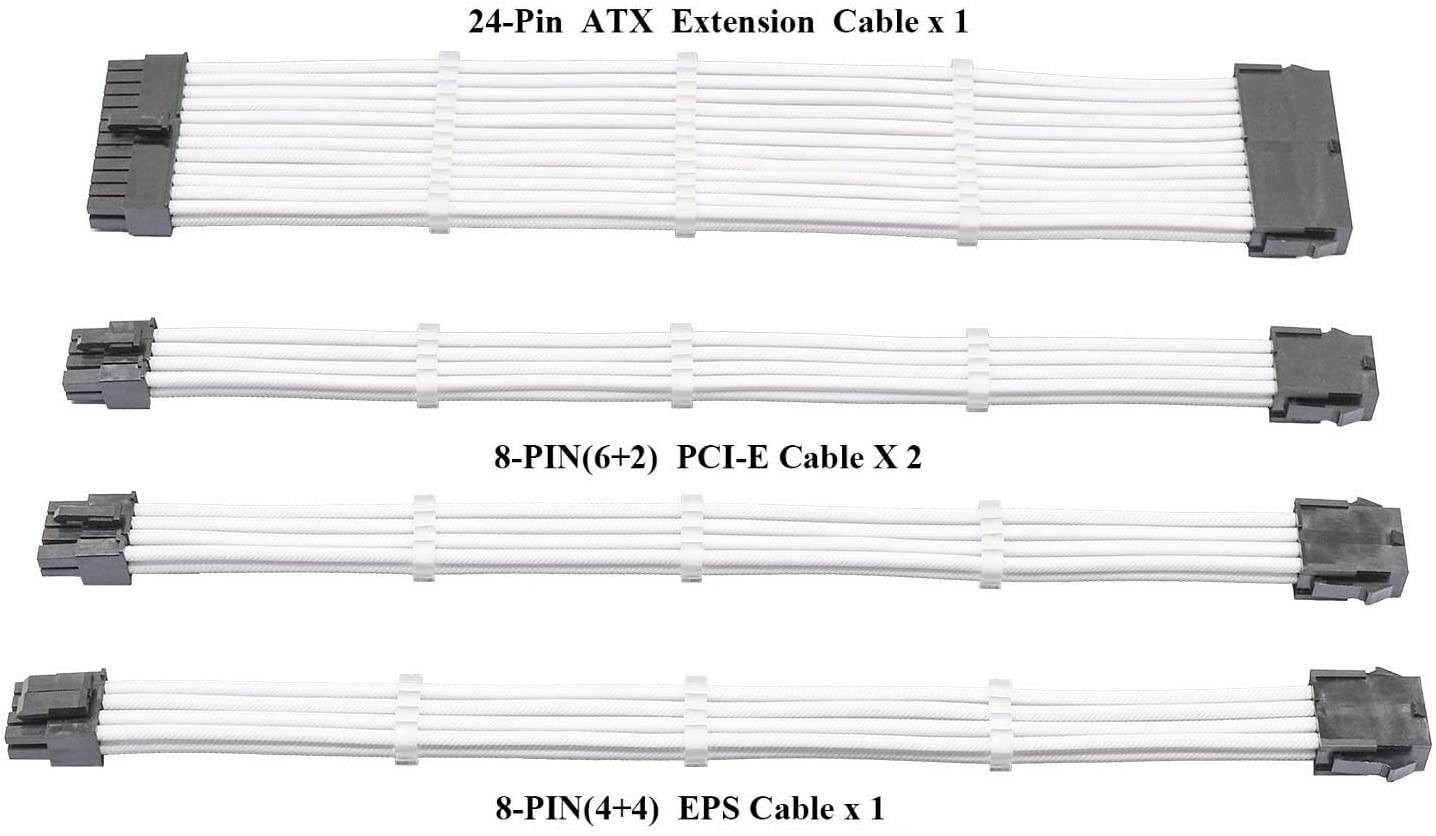 Sleeved Cable PSU Extension Cable Kit with 24-PIN 8-PIN 4+4-PIN Sleeved Cables for ATX Power Supply(Pearl White)