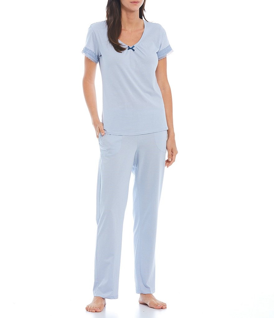 Miss Elaine Luxe Knit Stripe Print V-Neck Short Sleeve Coordinating Pajama Set